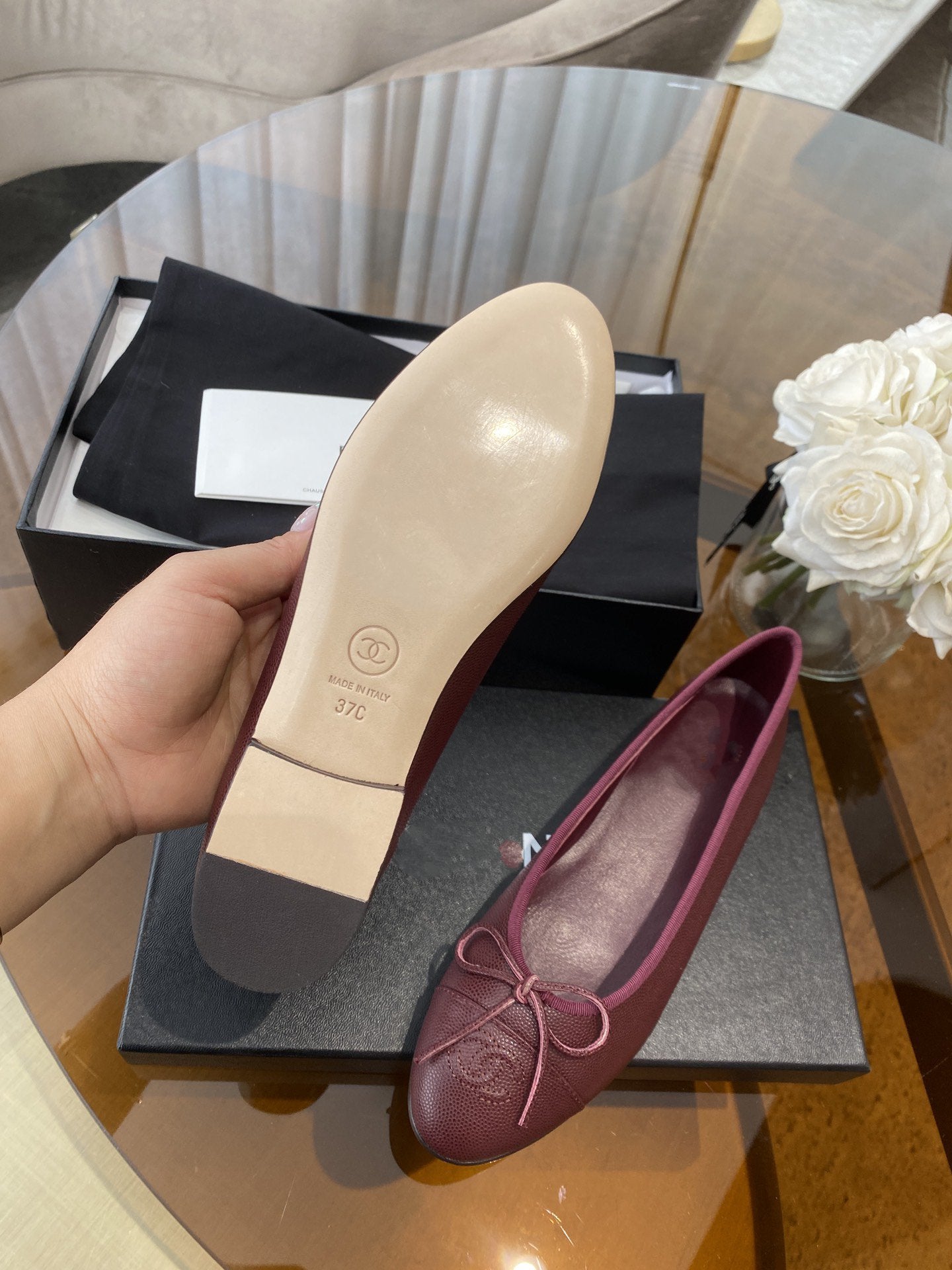 CHANEL BALLET FLATS BURGUNDY GRAINED CALFSKIN