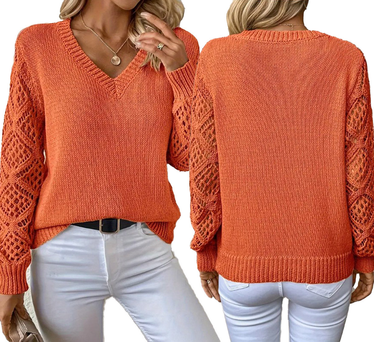 Women's Orange V-Neck Sweater with Openwork Sleeves