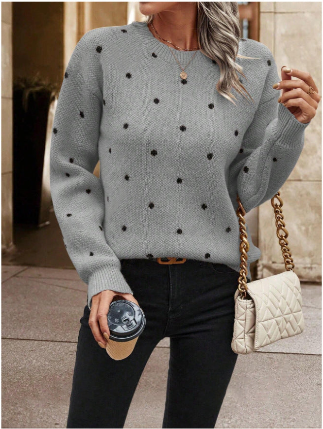 Women’s Gray Polka Dot Crewneck Knit Sweater