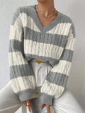 White & Grey Striped Cable-Knit V-Neck Sweater