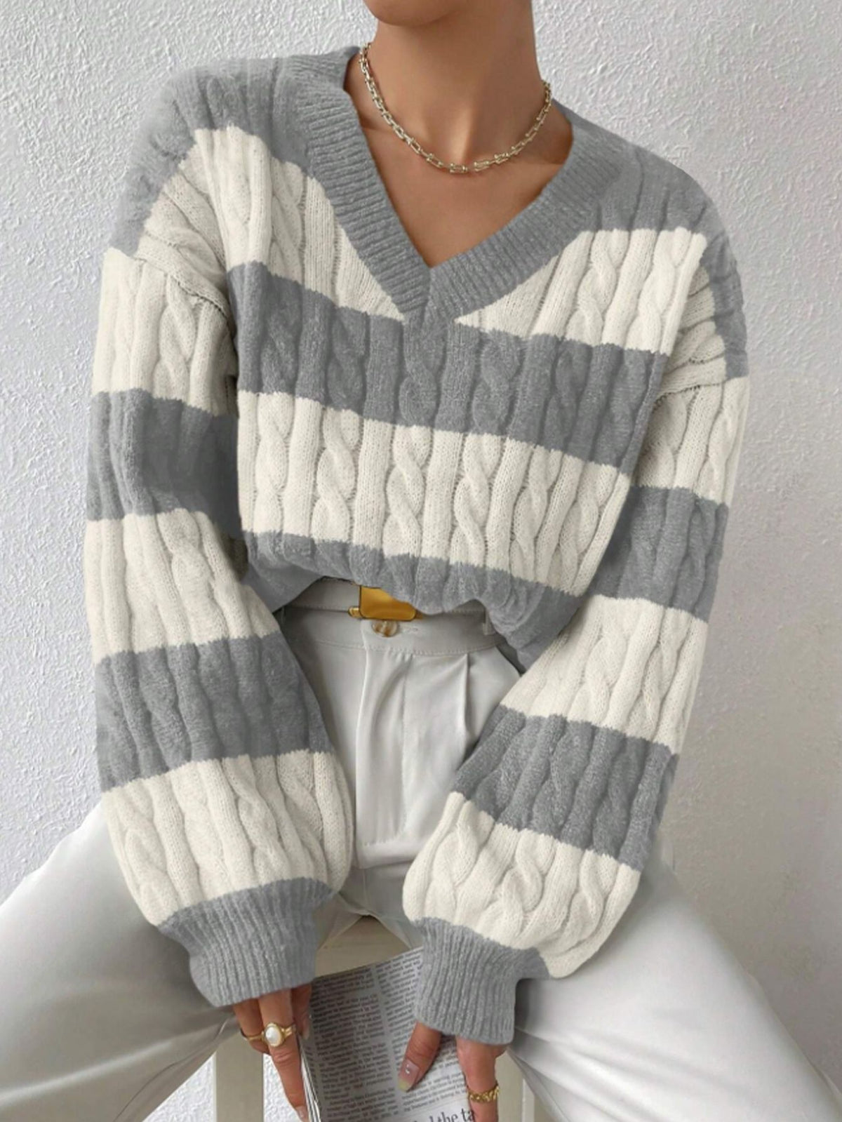 White & Grey Striped Cable-Knit V-Neck Sweater