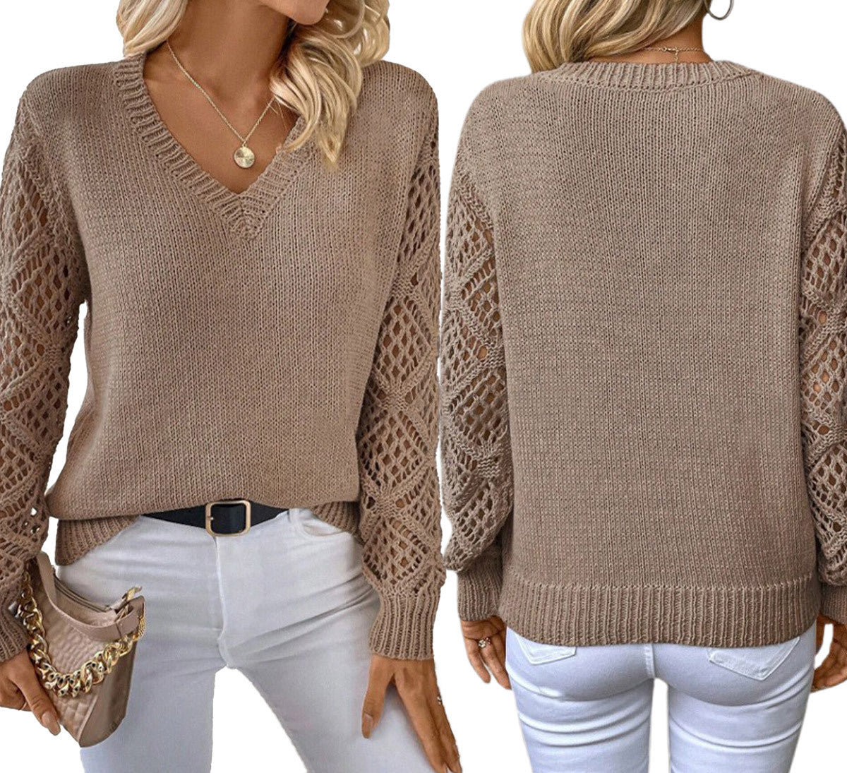 Women's Brown V-Neck Sweater with Openwork Sleeves