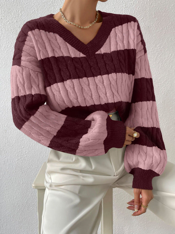 Red & Pink Striped Cable-Knit V-Neck Sweater