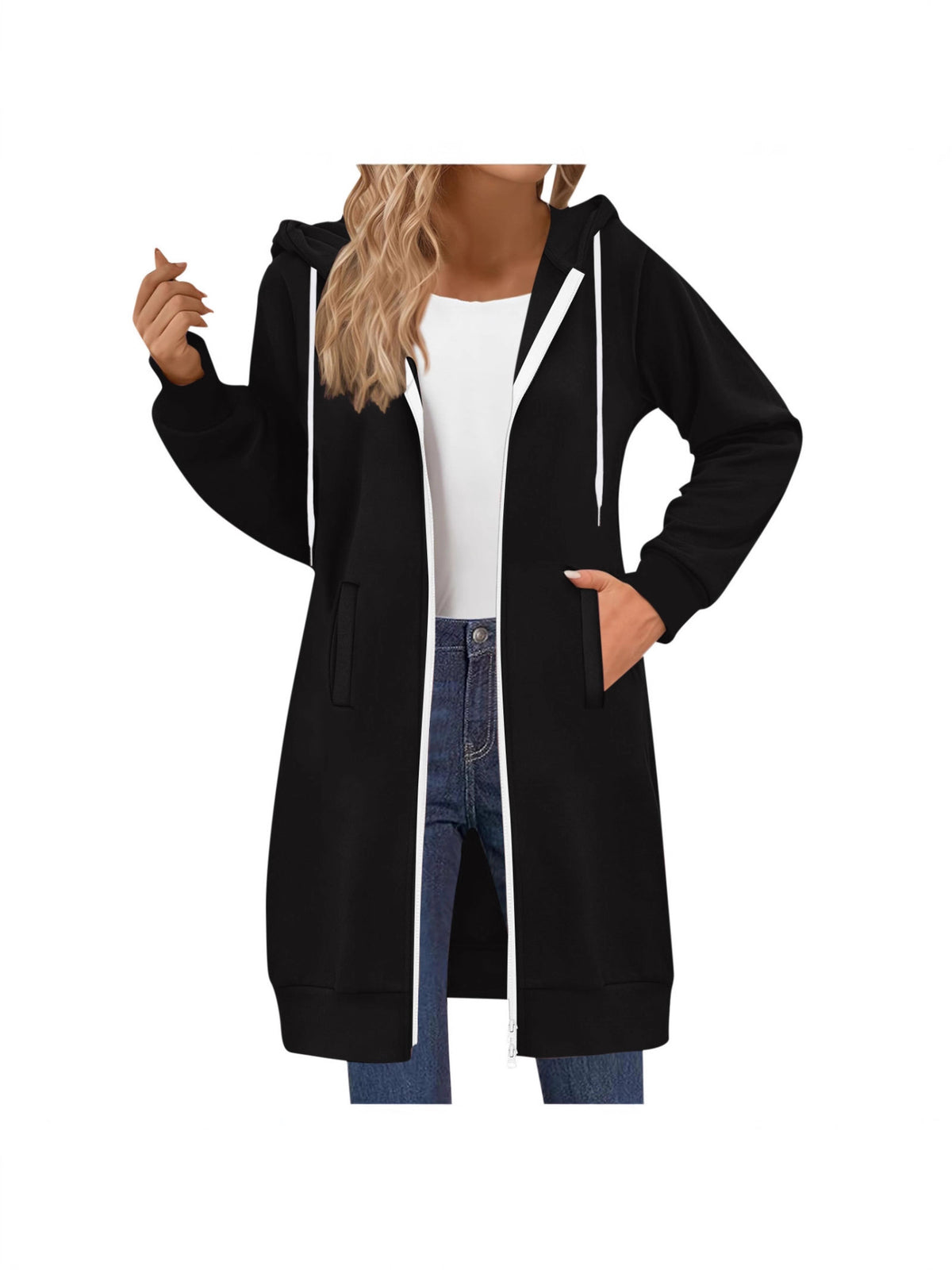 Women's Black Longline Zip-Up Hoodie