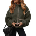 Women's Green Sherpa-Style Zip-Up Jacket with Contrast Piping