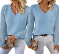 Women's Sky Blue V-Neck Sweater with Openwork Sleeves