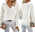 Women's White V-Neck Sweater with Openwork Sleeves