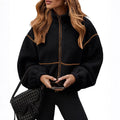 Women's Black Sherpa-Style Zip-Up Jacket with Contrast Piping