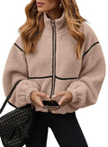 Women's Brown Sherpa-Style Zip-Up Jacket with Contrast Piping