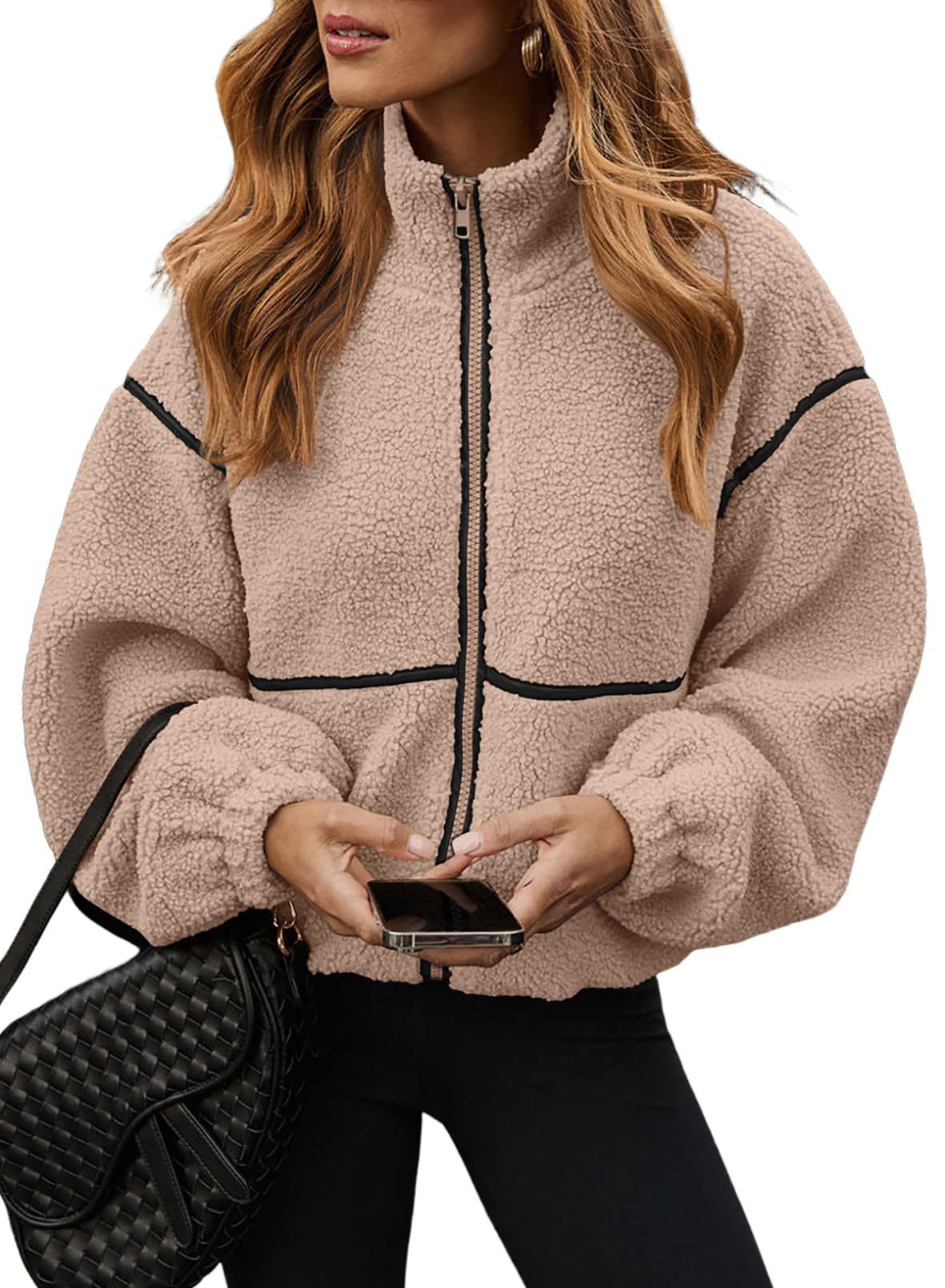 Women's Brown Sherpa-Style Zip-Up Jacket with Contrast Piping