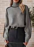 Grey Contrast-Trim Turtleneck Sweater