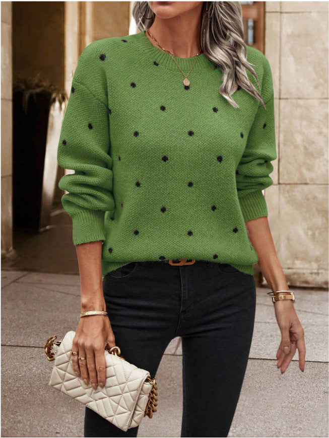 Women’s Green Polka Dot Crewneck Knit Sweater