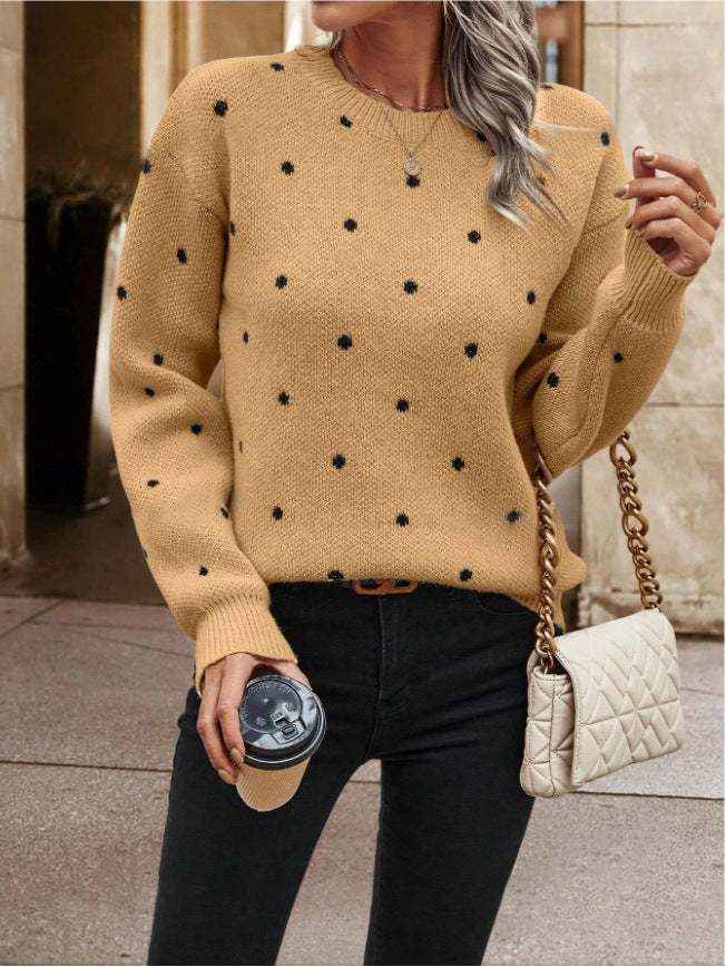 Women’s Beige Polka Dot Crewneck Knit Sweater