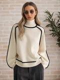 Cream Contrast-Trim Turtleneck Sweater