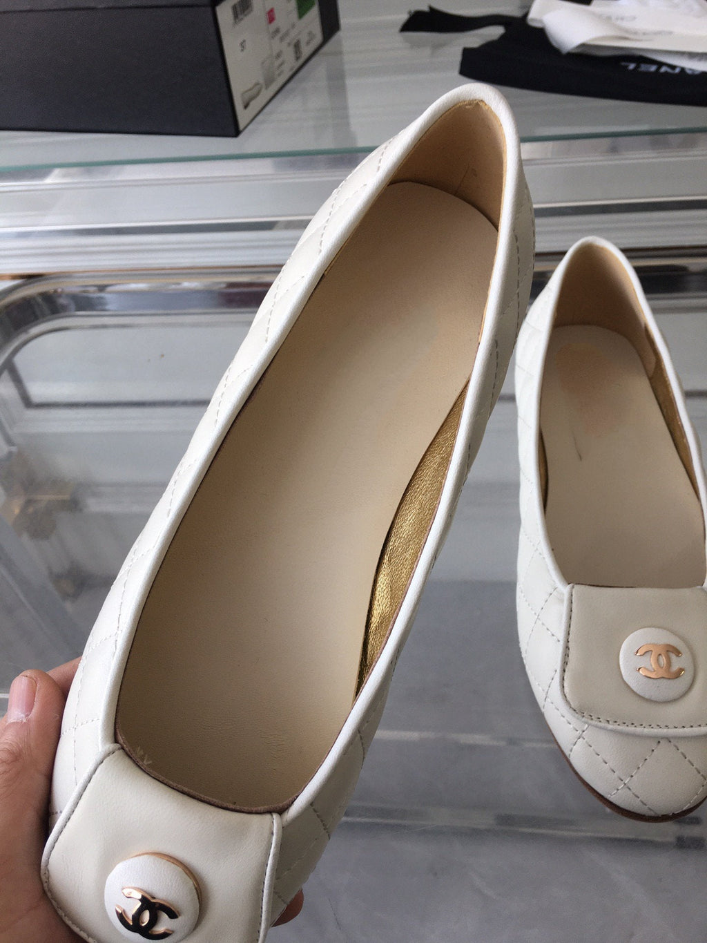CHANEL ballet flat quilted white gold  lock