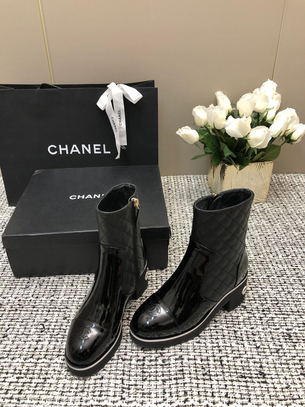 CHANEL ROUND-TOE SHORT BOOTS BLACK SHEEPSKIN