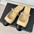 CHANEL Double C Two-Tone Chain Mules Dark Cream Lambskin